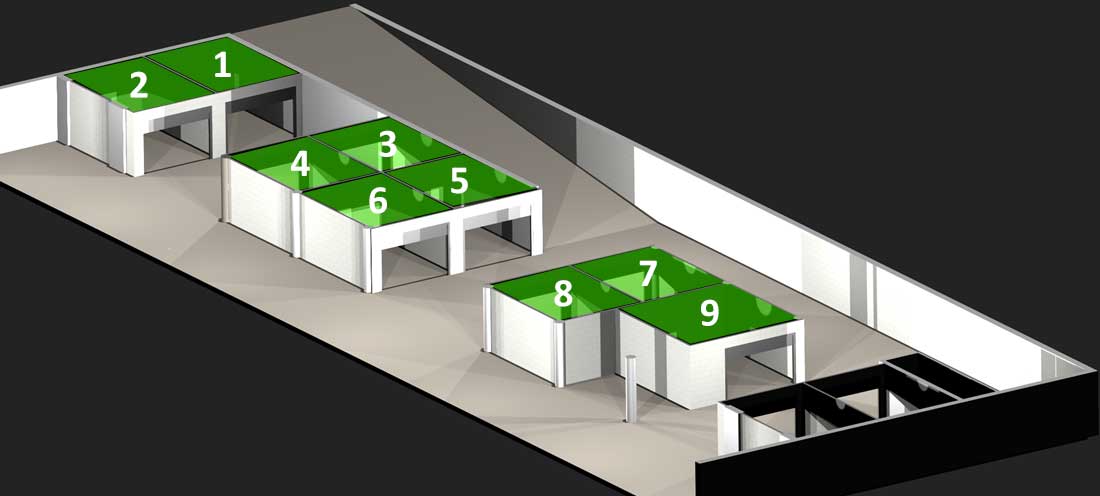 3D overzicht van de 9 garageboxen in de parkeerkelder